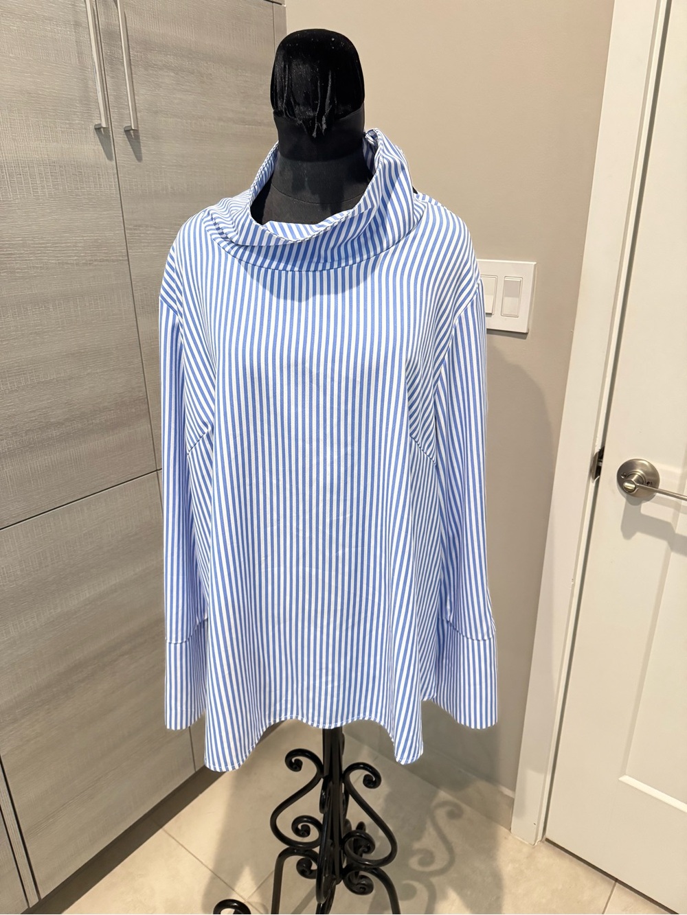 Striped Blue and White Cowl Neck Women's Top
